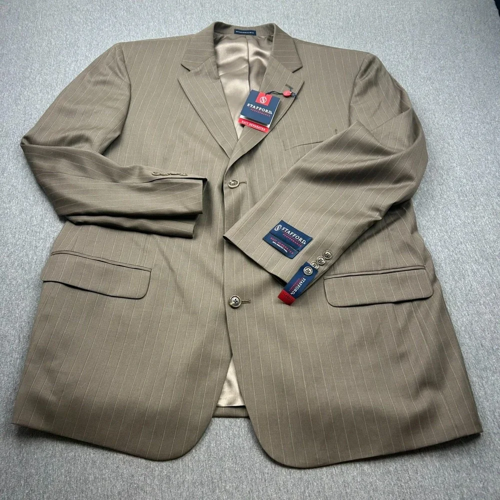 Stafford Performance Classic Fit Worsted‎ Wool Blazer Mens 48R Taupe Striped NEW